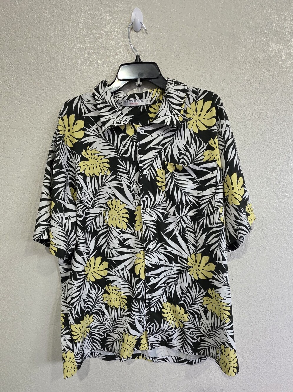 U.S. Polo Assn. Black Button-Up Shirt with Yellow & White Tropical Print